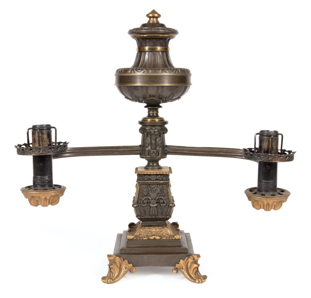 Appraisal: American Late Classical Bronze Double-Arm Argand Lamp c labeled B