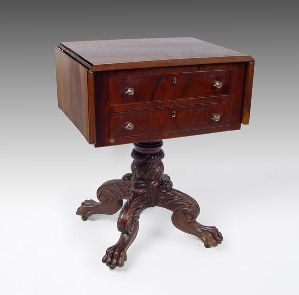 Appraisal: TH CENTURY DRAWER DROP LEAF WORK STAND Mahogany with veneered