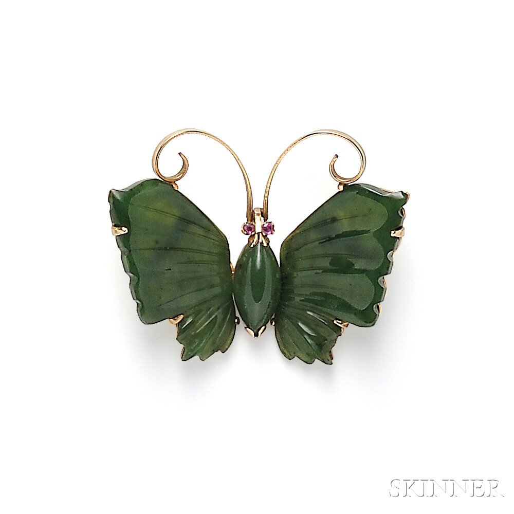 Appraisal: kt Gold and Nephrite Butterfly Brooch with circular-cut ruby eyes