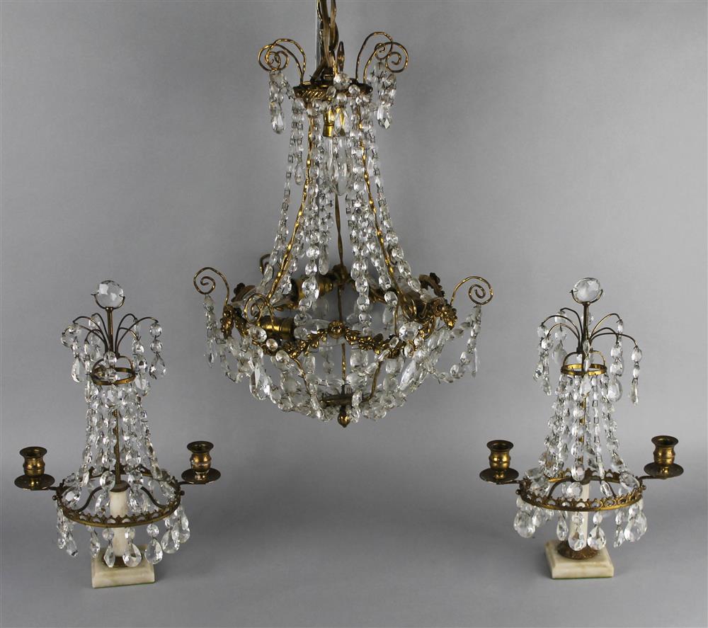 Appraisal: GLASS AND GILT METAL CHANDELIER AND A PAIR OF CANDELABRA