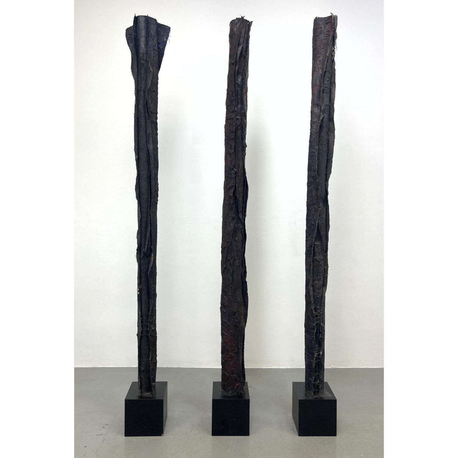 Appraisal: Set Brutalist Canvas Tall Totem Floor Sculptures Painted Frayed Canvas