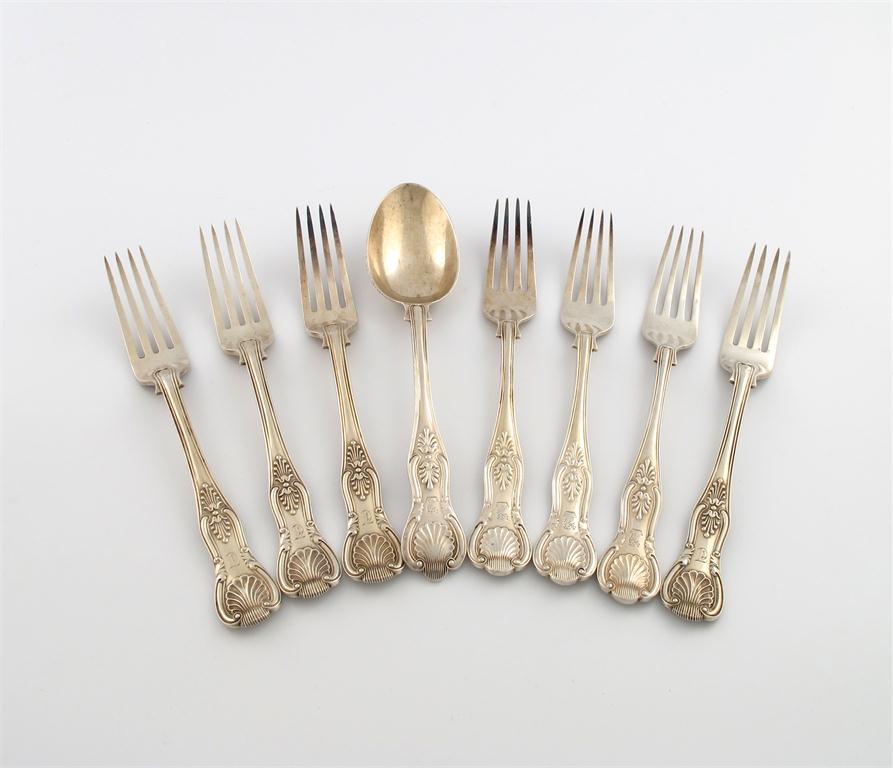 Appraisal: A matched set of seven silver Kings pattern table forks