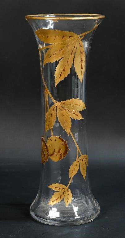 Appraisal: Crystal vase with gilt enameled leaf decoration Possibly Baccarat Unsigned