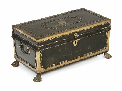 Appraisal: A small George III leather and brass bound travelling trunk