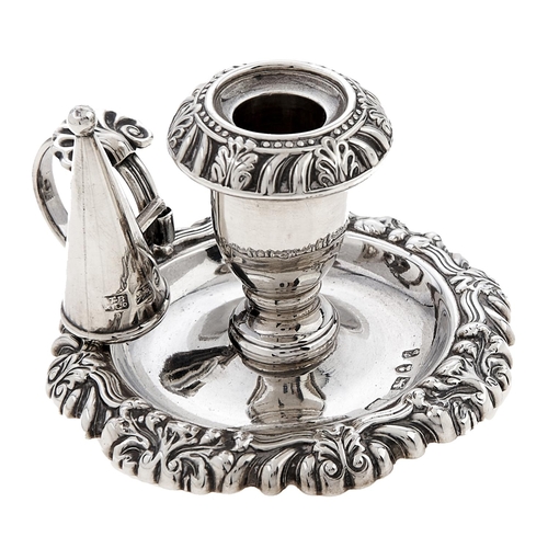 Appraisal: A George IV silver taperstick with applied scroll-chased borders nozzle