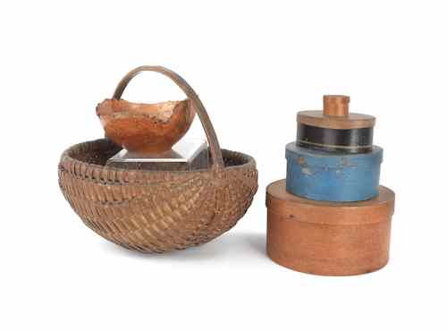 Appraisal: Four bentwood boxes together with a split oak basket and