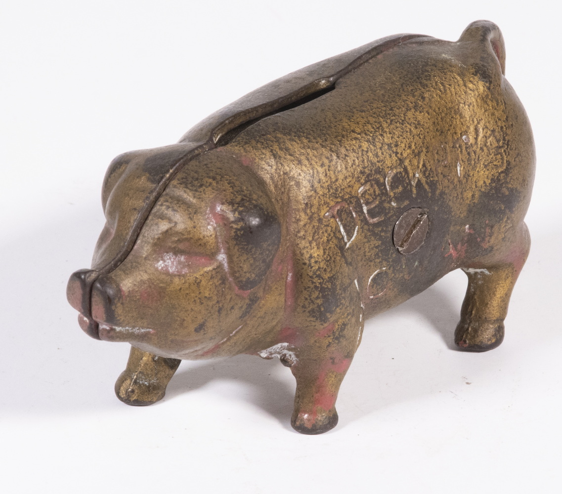 Appraisal: DECKERS IOWANA CAST IRON PIG BANK Early th c Advertising