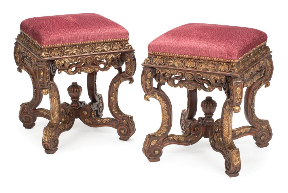 Appraisal: Pair of Louis XIV-Style Carved and Parcel Gilt Stools padded