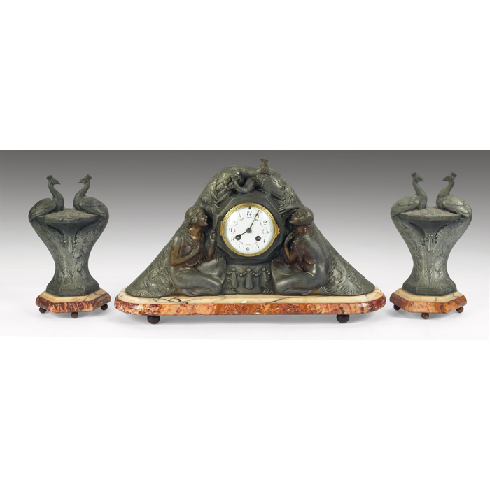 Appraisal: French Art Deco clock and two garnitures in spelter with