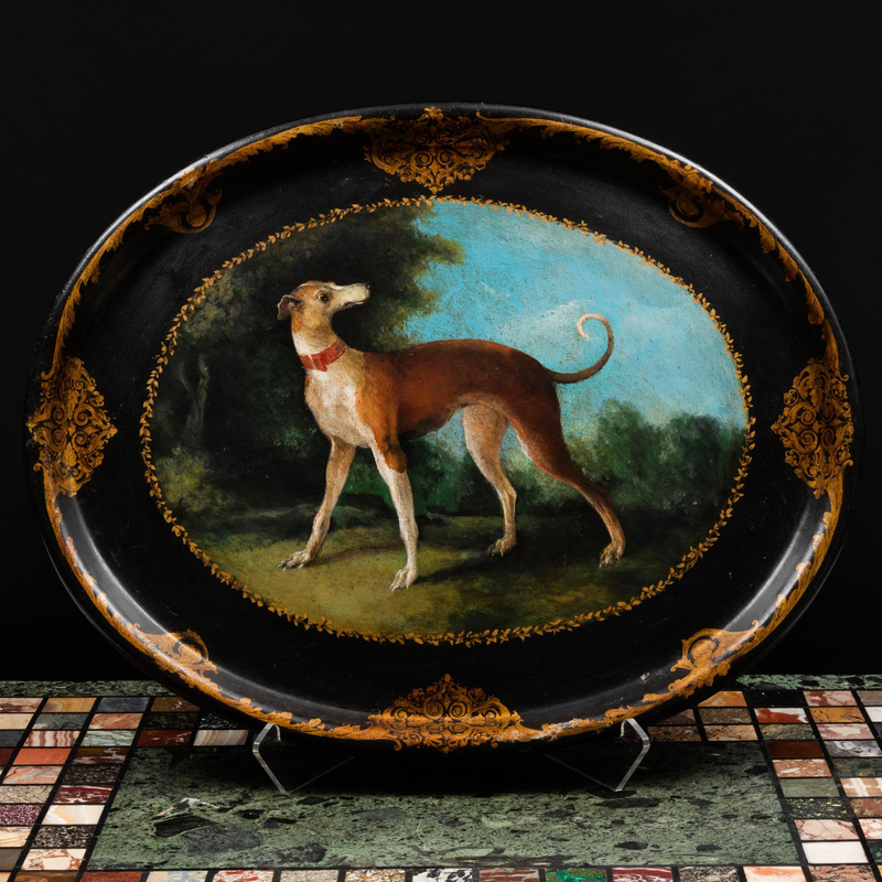 Appraisal: Victorian Papier Mach Oval Tray Depicting a Whippet x in