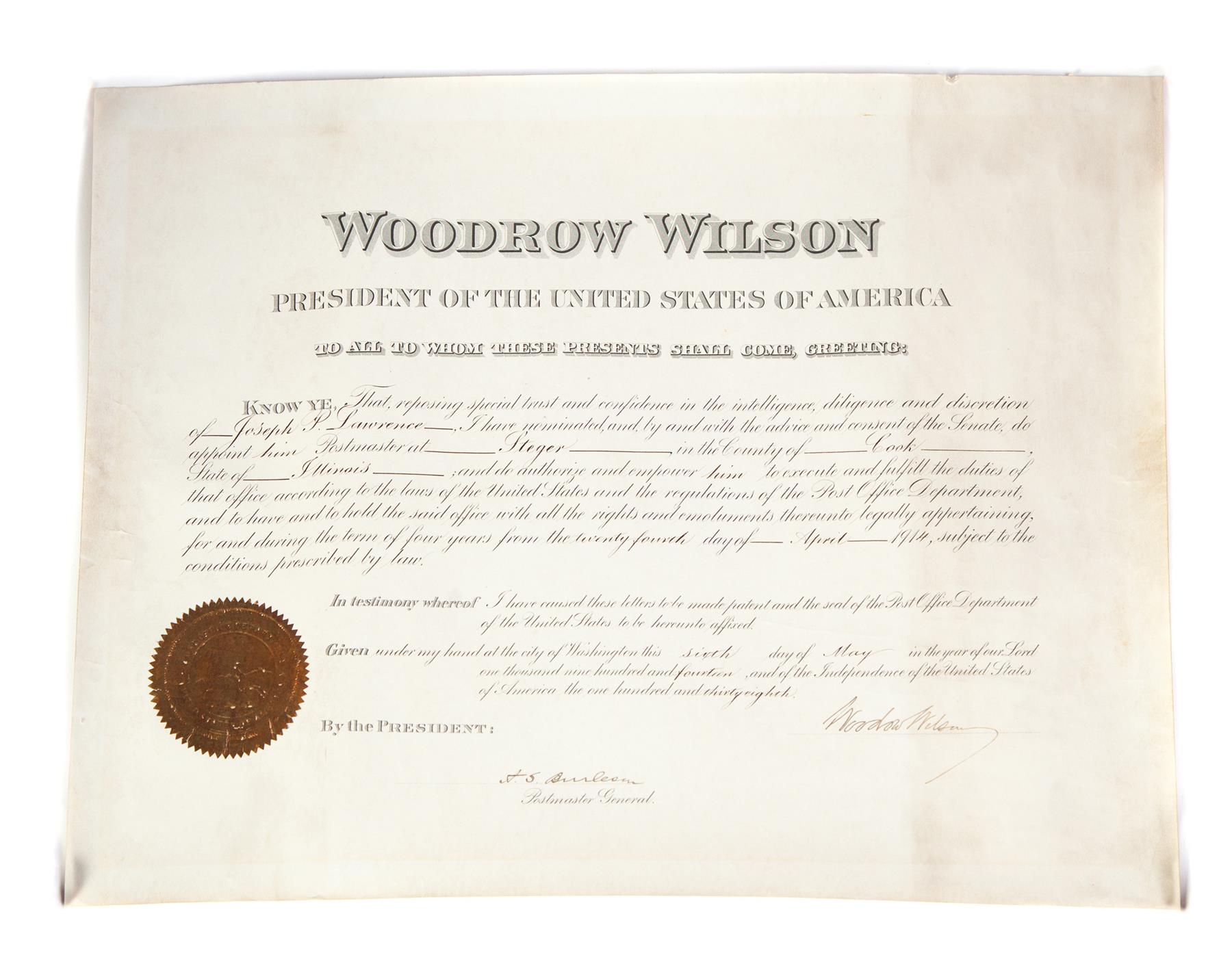 Appraisal: WOODROW WILSON SIGNED DOCUMENT American dated May Heavy rag paper