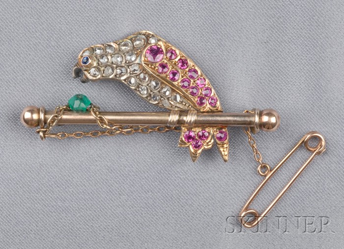 Appraisal: Antique Diamond and Gem-set Parrot Brooch the rose-cut diamond and