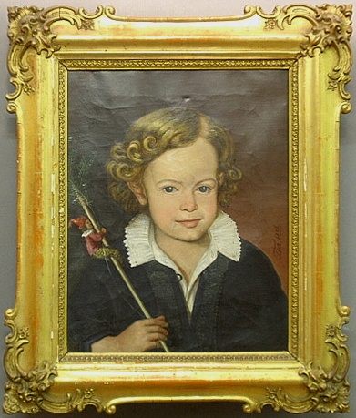 Appraisal: - Oil on canvas portrait of a young boy holding