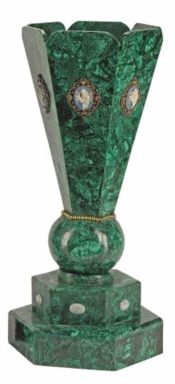 Appraisal: Malachite tiled hexagonal vase approx h w d