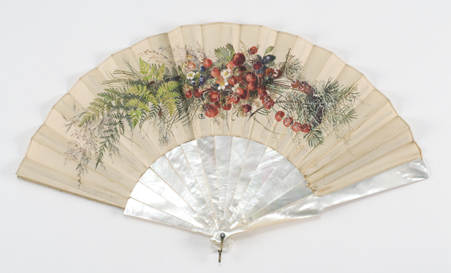 Appraisal: PRINTED SILK AND MOTHER-OF-PEARL FOLDING FAN German Late th CenturyThe