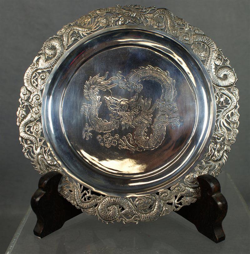 Appraisal: Chinese silver dragon engraved salver pierced border Sun Shing Canton