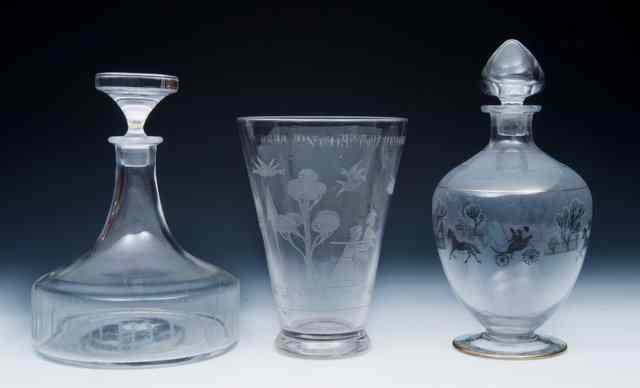 Appraisal: A TH CENTURY CLEAR GLASS TAPERING VASE engraved with two