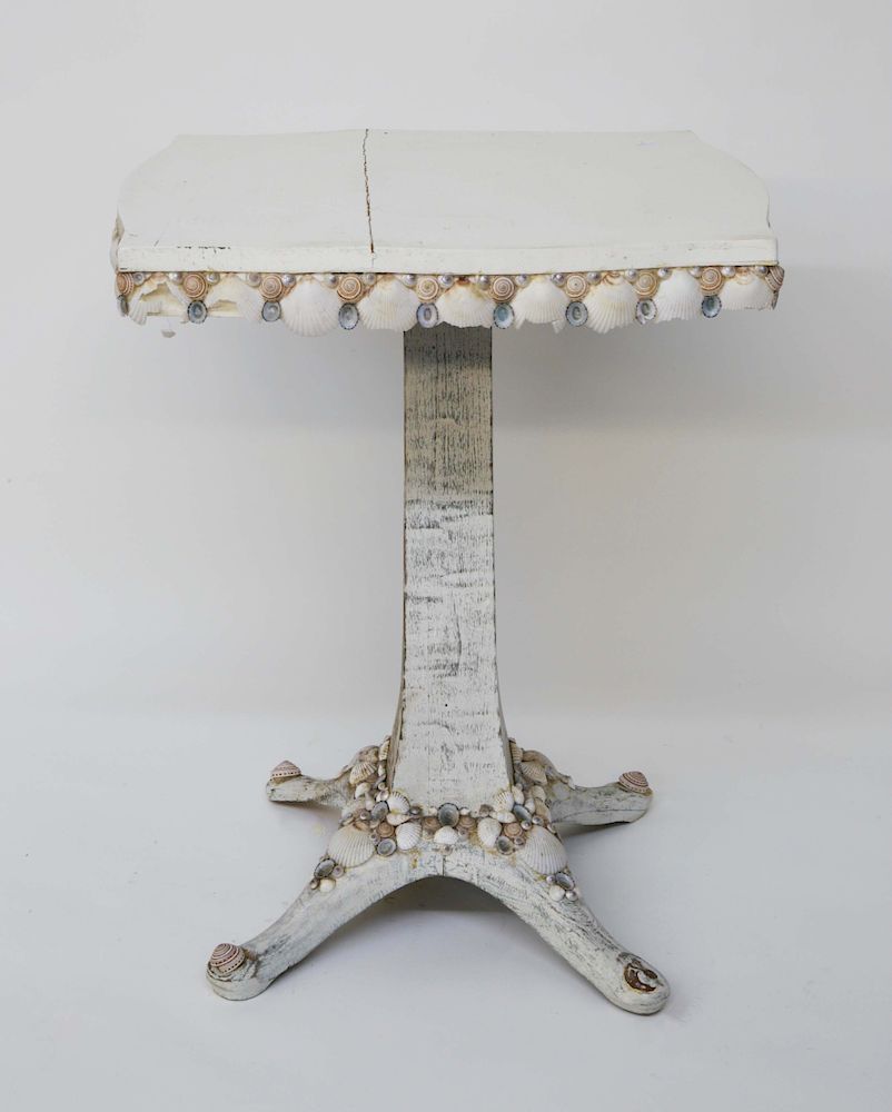 Appraisal: White Washed Seashell Encrusted Side Table White Washed Seashell Encrusted