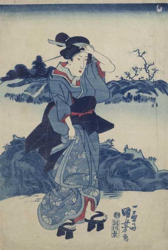 Appraisal: UTAGAWA KUNIYOSHI - Eine Bijin auf hohen Geta steht in