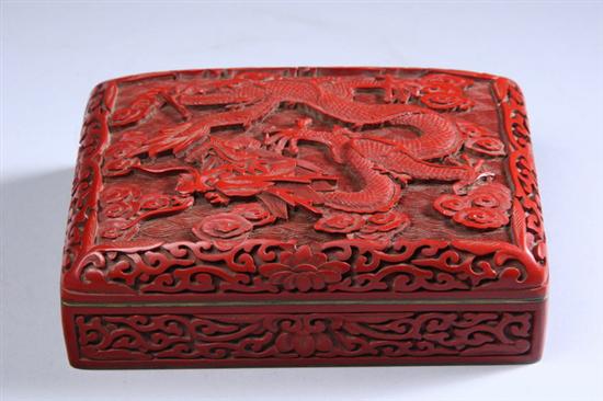 Appraisal: CHINESE CARVED CINNABAR DRAGON BOX AND COVER th century Interior