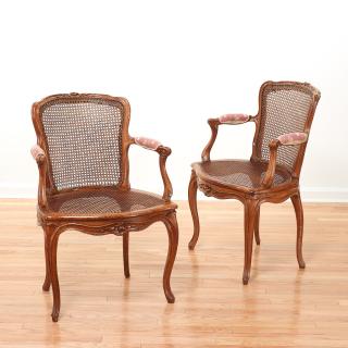 Appraisal: Pair Louis XV carved beechwood fauteuils Pair Louis XV carved