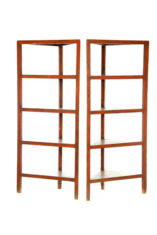 Appraisal: PAIR OF CORNER SHELVES China th century hardwood Old worn