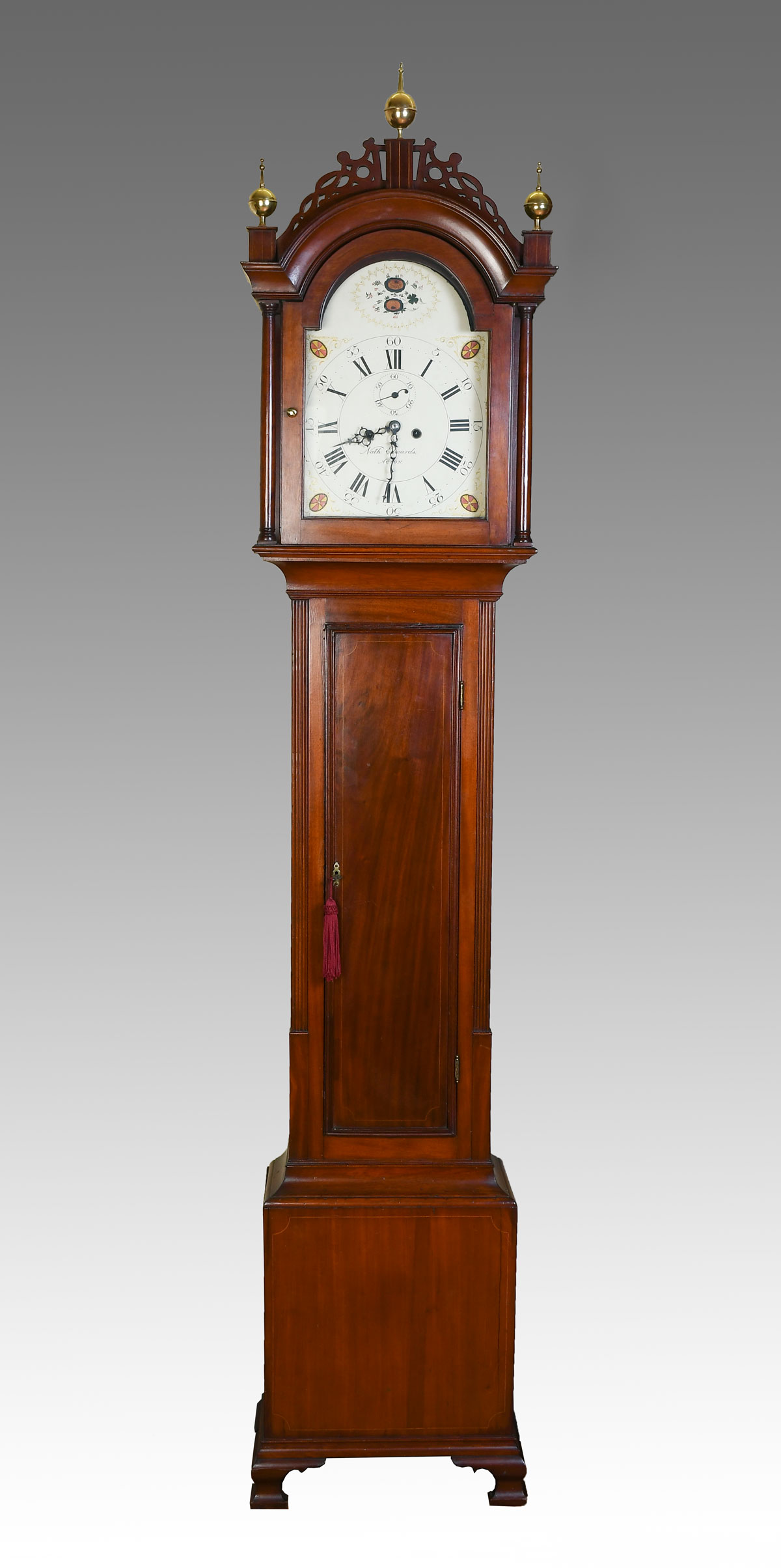 Appraisal: NATHANIEL EDWARDS CHERRY GRANDFATHER CLOCK Circa Acton Massachusetts Surmounting fret