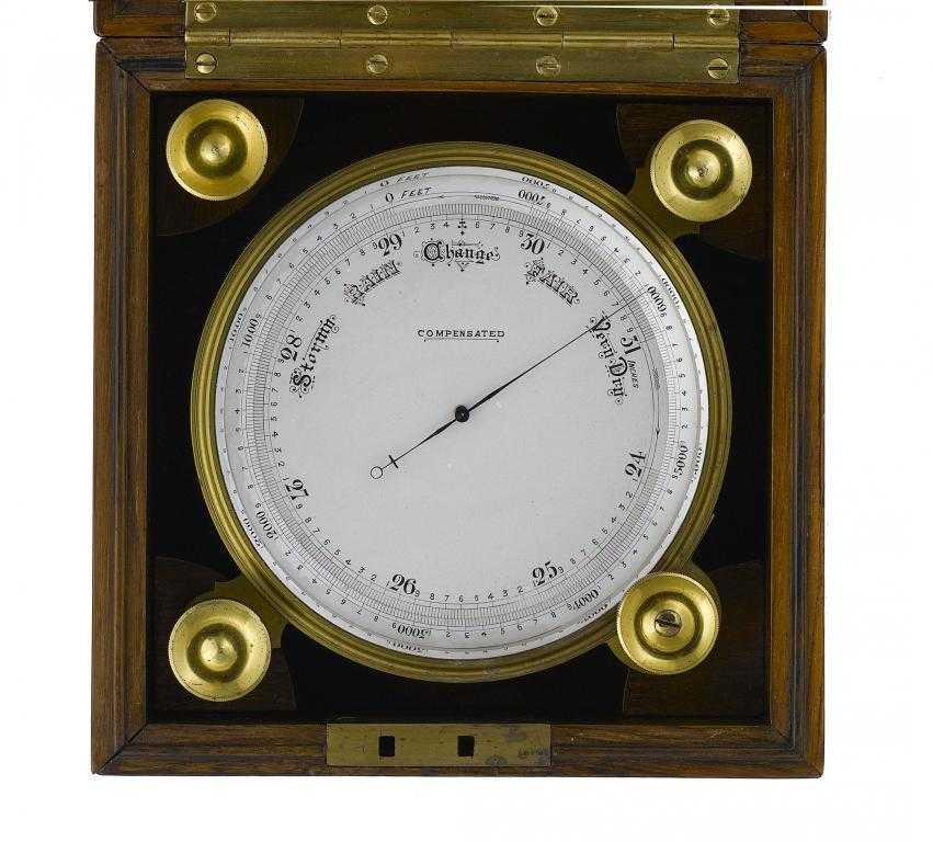 Appraisal: AN ENGLISH BRASS ANEROID ALTITUDE BAROMETER the silvered dial with