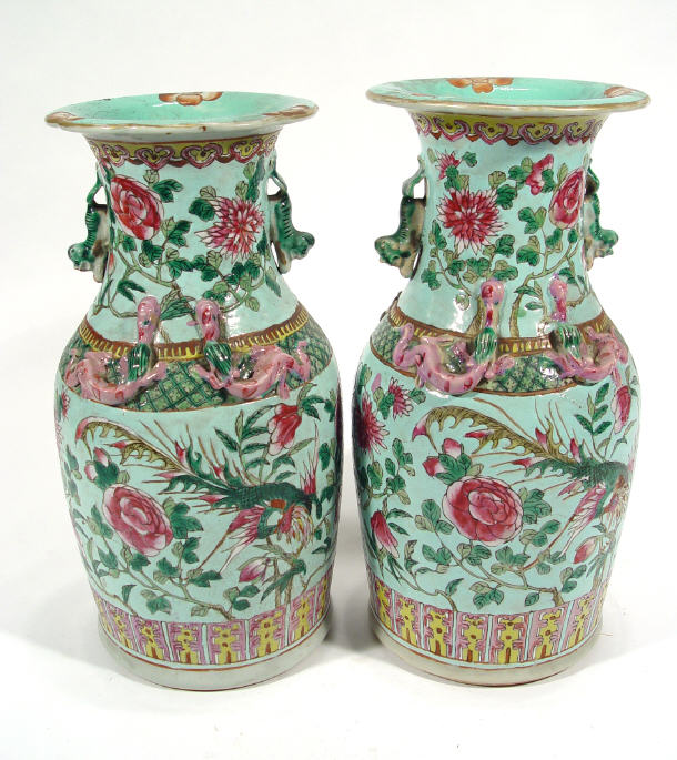 Appraisal: Large pair of Cantonese porcelain vases enamelled with birds amongst