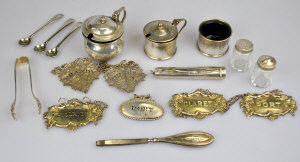 Appraisal: Collection of spirit labels cruet pieces sugar tongs etc silver