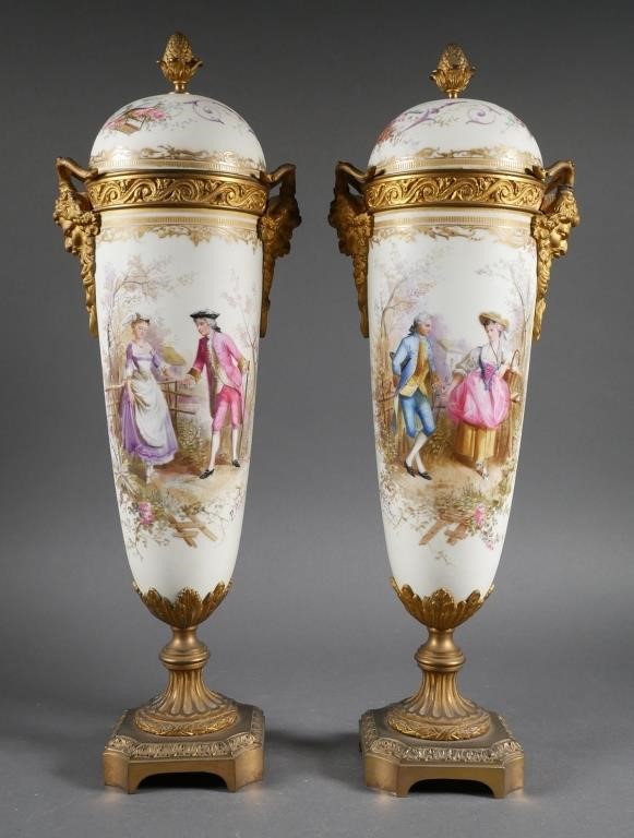 Appraisal: PAIR SEVRES PORCELAIN GILT ORMOLU URNSPair of th century Sevres