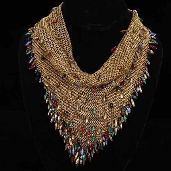 Appraisal: Sandor Gold Mesh Beaded Bib Handkerchief Necklace