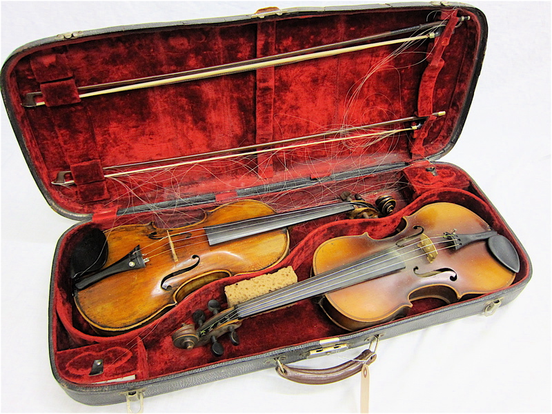 Appraisal: TWO ANTIQUE VIOLINS AND BOWS IN VINTAGE DOUBLE VIOLIN CASE