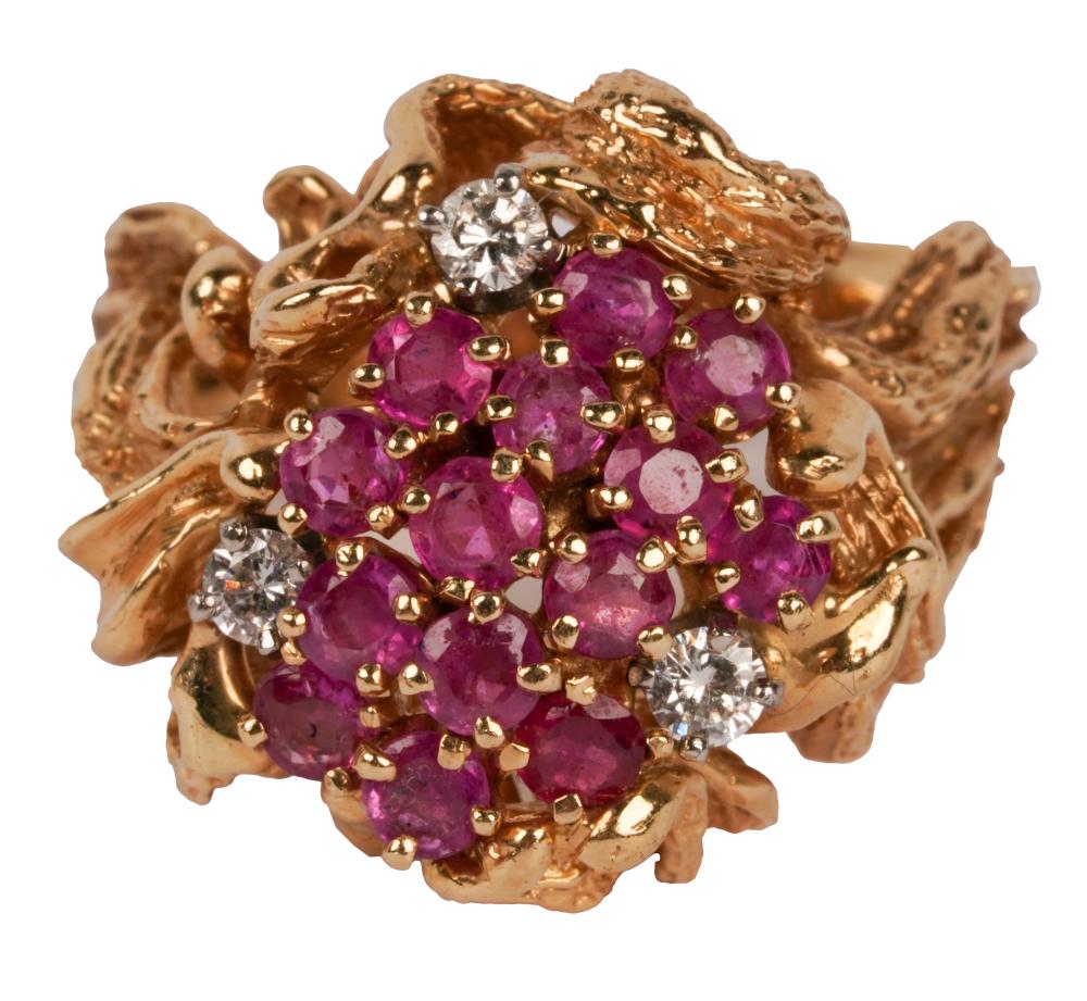 Appraisal: KARAT YELLOW GOLD DIAMOND RUBY CLUSTER RINGcontaining round rubies weighing