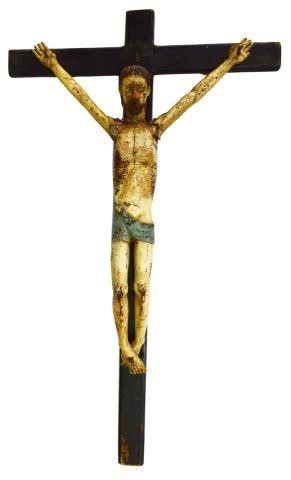 Appraisal: Spanish Colonial carved wood crucifix th c polychrome painted Christ