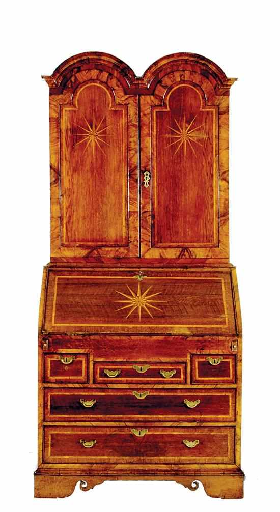 Appraisal: George II inlaid walnut and oak double-bonnet secretary bookcase mid