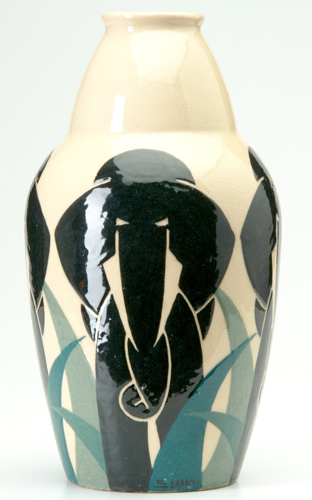 Appraisal: SIMONE LARRIEU Vase decorated with stylized black elephants on a