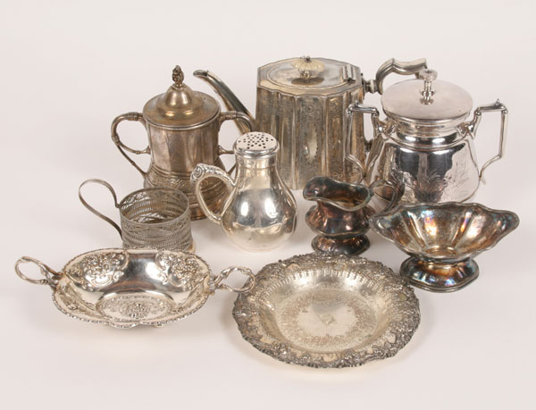 Appraisal: Silverplate decorative articles aesthetic sugar bowls engraved teapot with bone