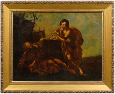 Appraisal: Old Master painting youth with sword playing a horn for