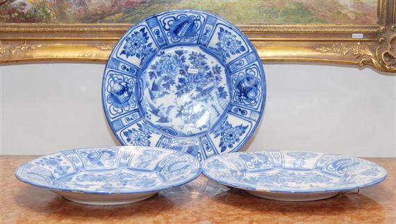 Appraisal: THREE LARGE FAIENCE CHARGERS WITH BLUE DECORATION FRANKFURT th CENTURY