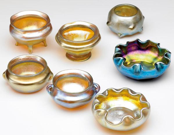 Appraisal: TIFFANY STUDIOS Seven gold and blue Favrile glass assorted salts