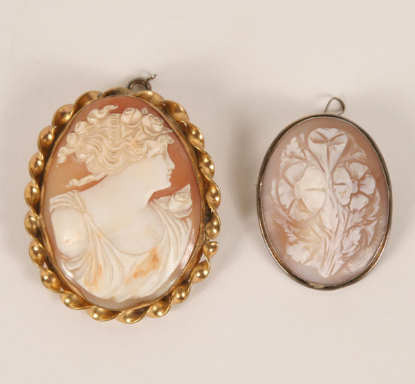 Appraisal: Figural and floral cameo pins pc classical Greek Roman zaftig