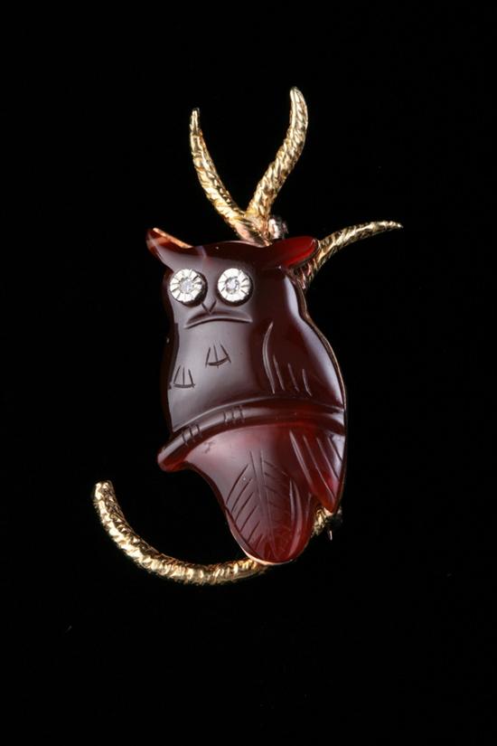 Appraisal: K YELLOW GOLD CARVED CARNELIAN AND DIAMOND OWL BROOCH Carved