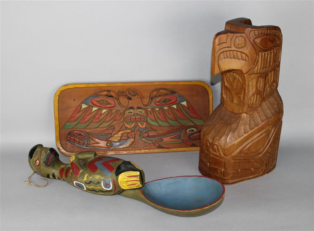 Appraisal: THREE PACIFIC NORTHWEST COAST WOOD CARVINGS OTTER LADLE TRAY AND