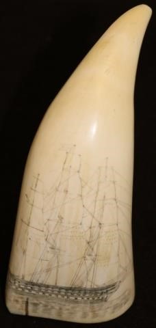 Appraisal: EARLY TH C SCRIMSHAW WHALE'S TOOTH DEPICTINGA MASTED SHIP UNDER