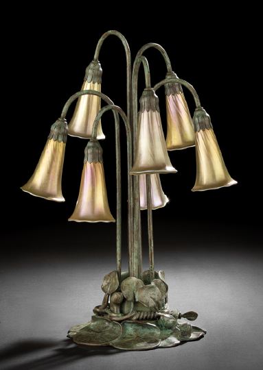 Appraisal: American Patinated Bronze Seven-Light Lily Table Lamp in the Art