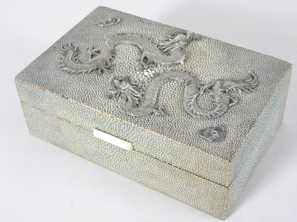 Appraisal: An Oriental shagreen and silver mounted Cigarette Box with dragon