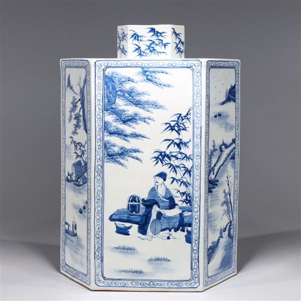 Appraisal: Chinese blue and white hexagonal faceted vase with figures and