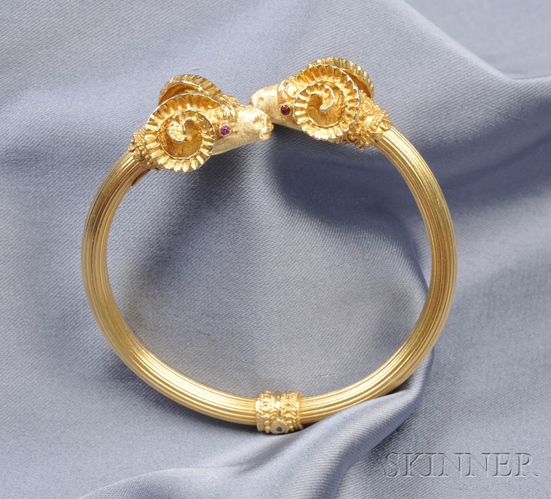 Appraisal: kt Gold Ram's Head Bangle Bracelet LaLaounis the ribbed hinged