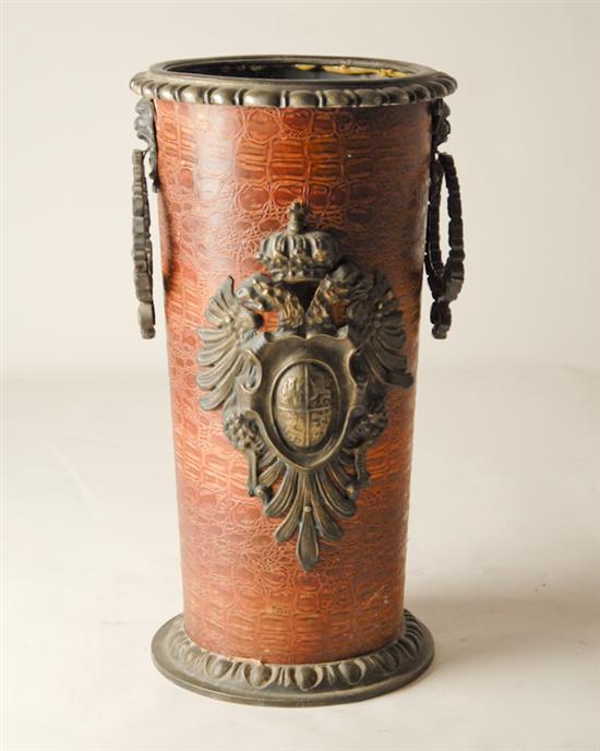 Appraisal: Decorative Metal Umbrella Stand applied coat of arms on skin